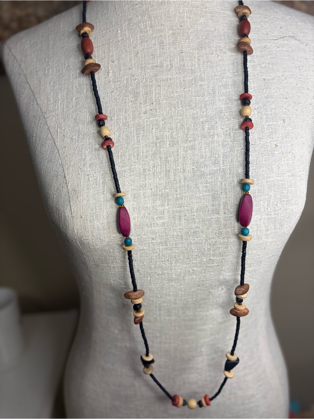 Vintage Boho Wood Bead Long Necklace Earthy Seed Bead Statement Strand